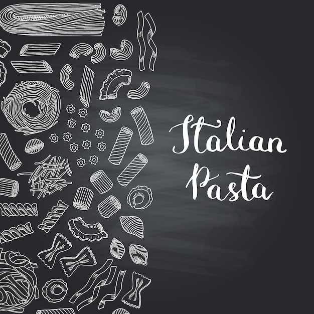 Tipi di pasta sagomati disegnati a mano sulla lavagna con lettering