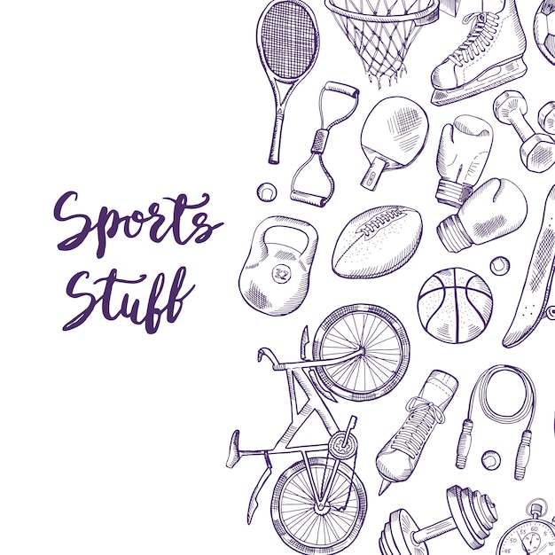 Vector hand drawn contoured sports equipment background illustration with place for text