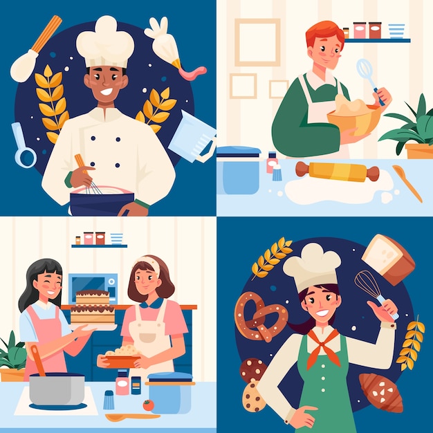 Hand drawn cooking and bakery composition set