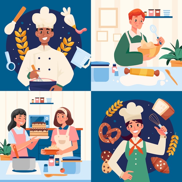 Hand drawn cooking and bakery composition set