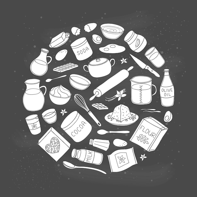 Hand drawn cooking baking ingredients in circle