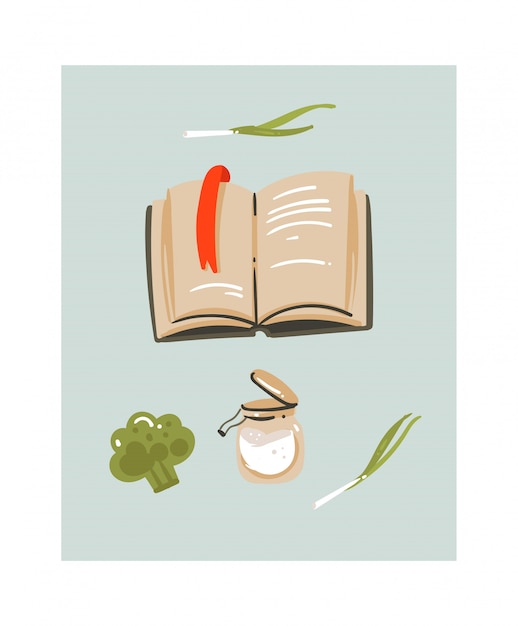 Вручите вычерченную иллюстрацию потехи времени приготовления пищи при поваренная книга рецептов и овощи изолированные на белой предпосылке.
