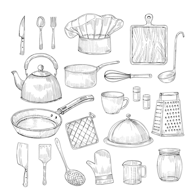 Kitchen Utensils. Sketch Cooking Tools Stock Vector - Illustration