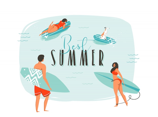 긴 보드와 현대 타이포그래피 견적과 함께 행복한 서퍼 가족과 함께 손으로 그린 쿤 여름 시간 재미 그림