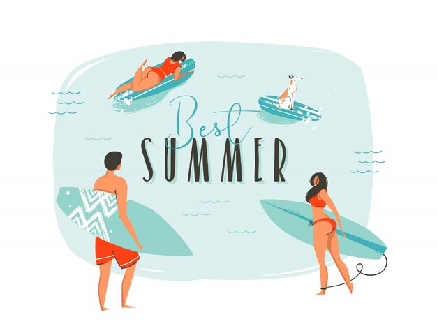 Hand drawn   coon summer time fun illustration with happy surfers family with long boards and modern typography quote