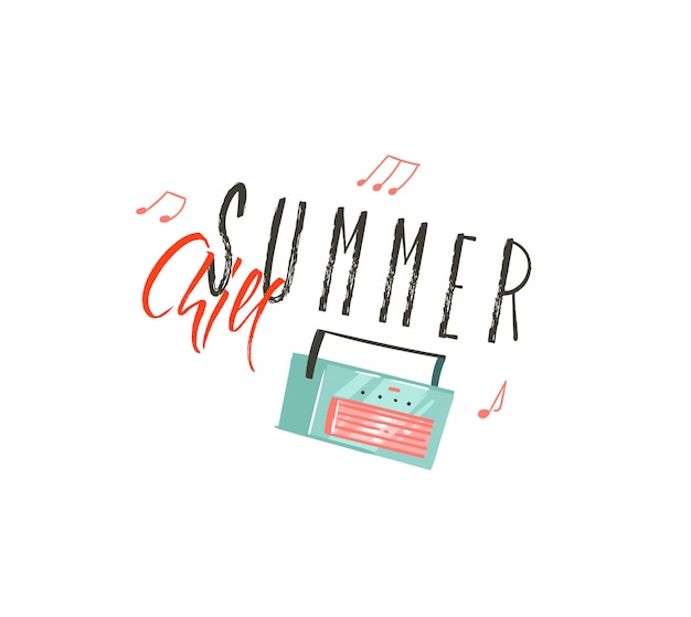 Нарисованное от руки искусство иллюстраций летнего времени енота с музыкальным проигрывателем и цитатой типографии summer chill на белом фоне