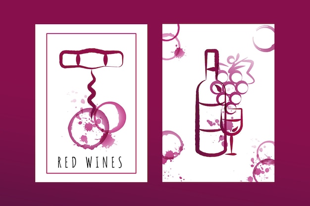 Hand drawn of corkscrew bottle and grape bunch with wine stains