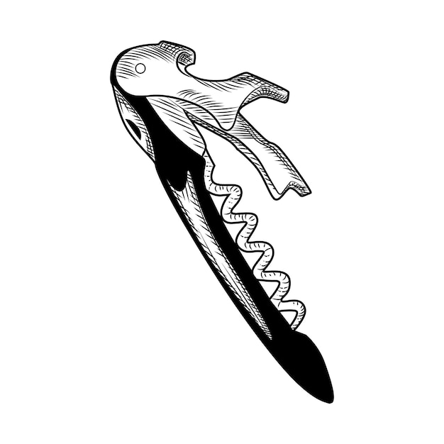 Hand drawn Corkscrew. Engraving style. Sommelier knife Isolated on white background. Vector illustration