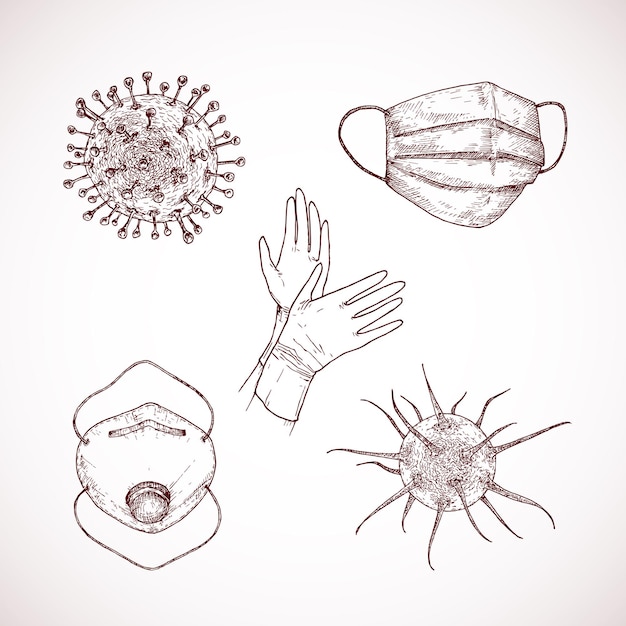 Insieme disegnato a mano dell'illustrazione di vettore del virus della corona. collezione di schizzi doodle di batteri, guanti protettivi e maschere respiratorie. isolato