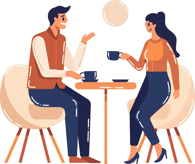 Vector hand drawn couple characters sitting and drinking coffee in flat style