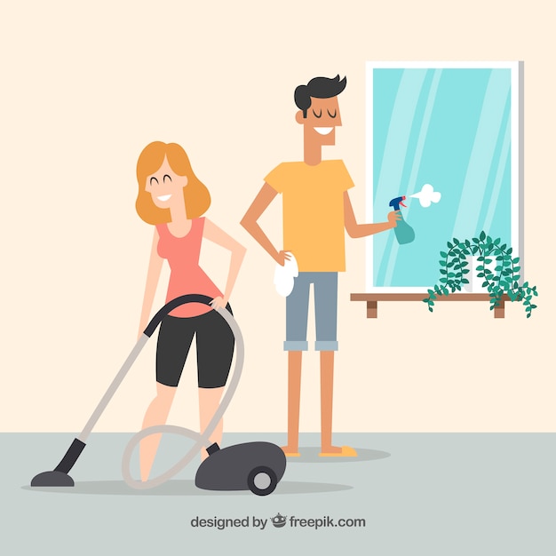 Vector hand drawn couple cleaning the house