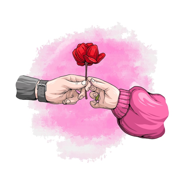 Hand drawn couple holding hands and flowers in colorful style