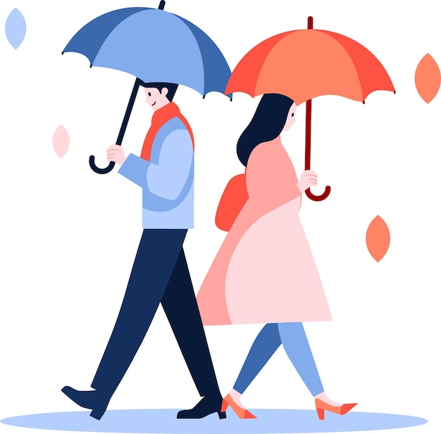 Hand Drawn couple holding umbrellas in the rain in flat style isolated on background