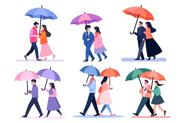 Hand Drawn couple holding umbrellas in the rain in flat style isolated on background