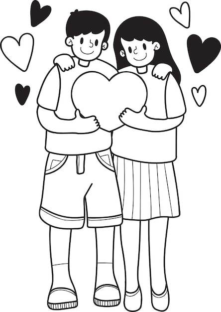 Нарисованная вручную пара мужчин и женщин с сердечными шариками обнимает иллюстрацию