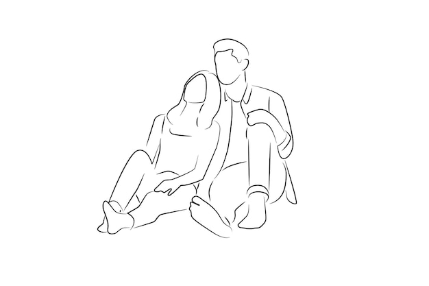 床に座っている手描きのカップルワンライン連続シングルラインアート