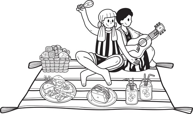 Vector hand drawn couple sitting on a picnic in the park illustration in doodle style