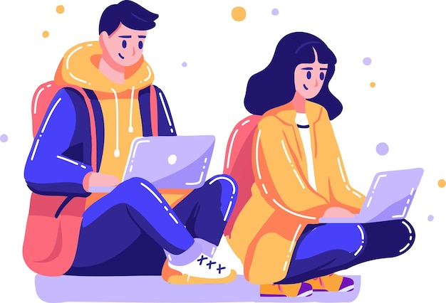 Hand drawn couple sitting and using laptop in flat style