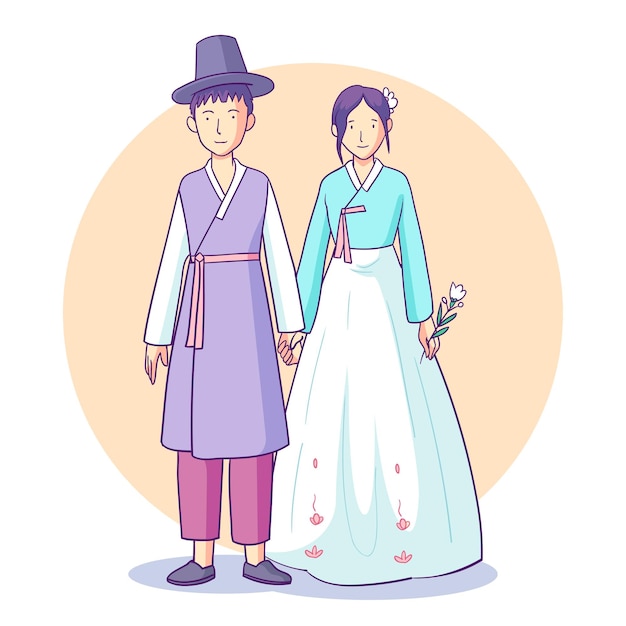 Vettore coppia disegnata a mano che indossa un hanbok