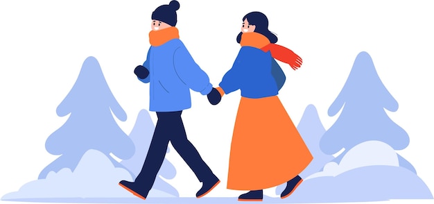 Vector hand drawn couple wearing winter clothing walks on a path filled with snow in flat style isolated on background