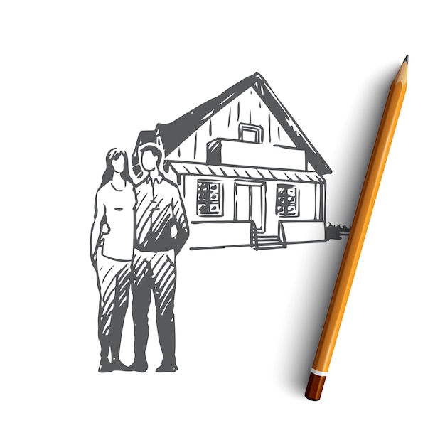 Hand drawn couple with new house