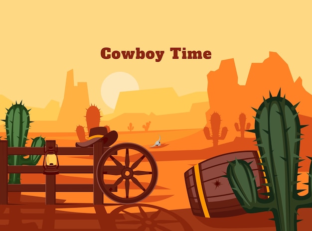 Hand drawn cowboy background with sunset in wild west landscape