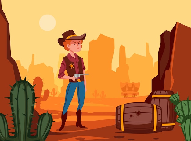 Hand drawn cowboy composition background with a character on wild west landscape