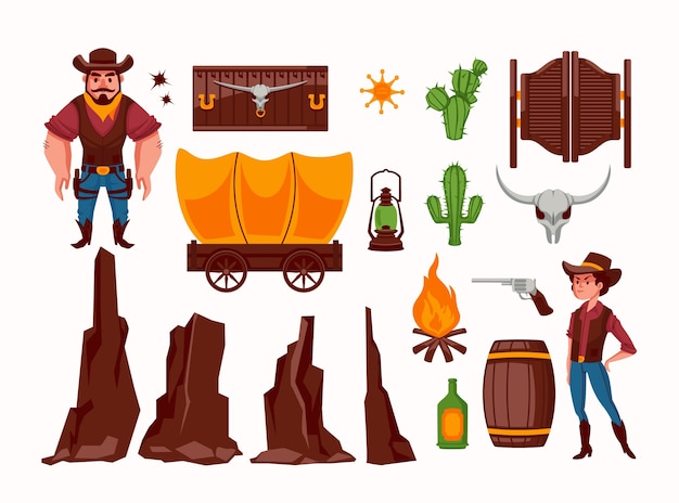 Hand drawn cowboy original elements set collection with characters and wild west elements