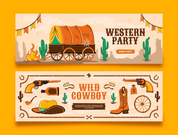 Vettore modello di banner orizzontale festa cowboy disegnato a mano