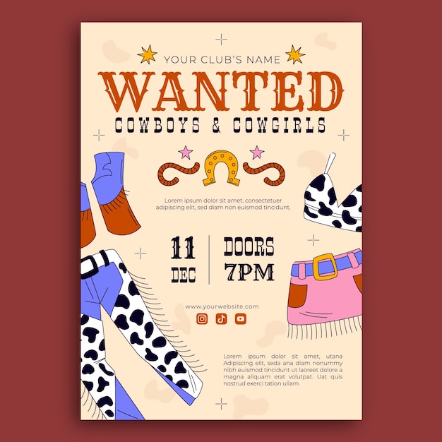 Vector hand drawn cowboy party invitation