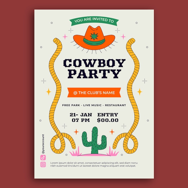 Vector hand drawn cowboy party invitation