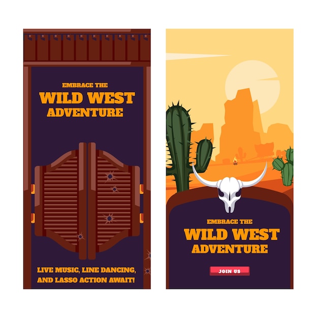 Hand drawn cowboy vertical banner template set with wild west landscape