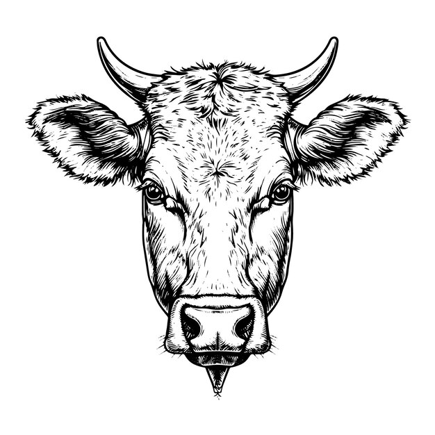 Vettore disegno a mano contorno della testa delle mucche su sfondo bianco disegno illustrazione vettoriale contorno di allevamento di carne bovina biologica