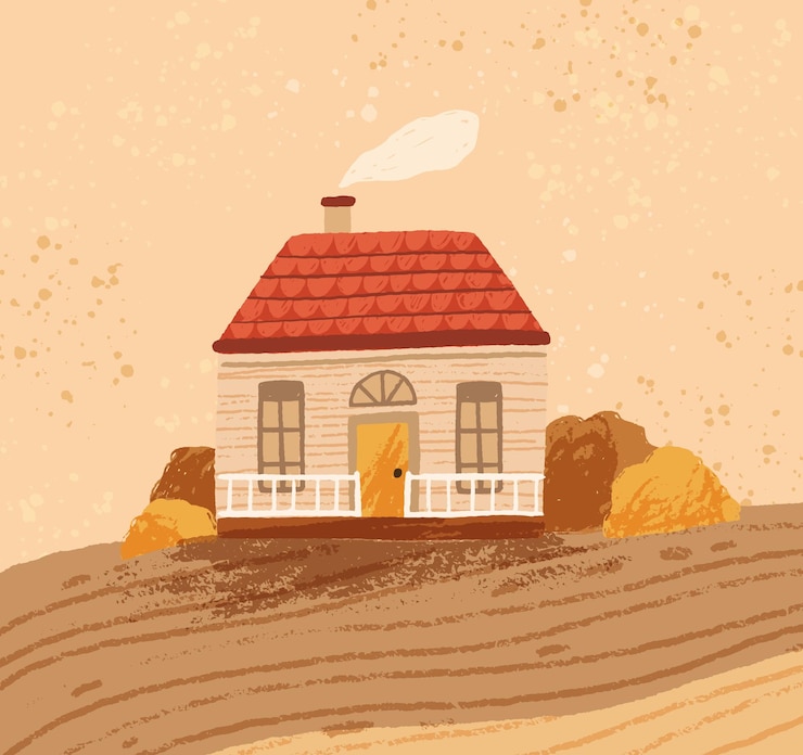 Vector hand drawn cozy rustic house against the landscape. rural seasonal scenery with cute countryside cottage. comfy farmhouse in autumn. vector illustration in flat cartoon style.