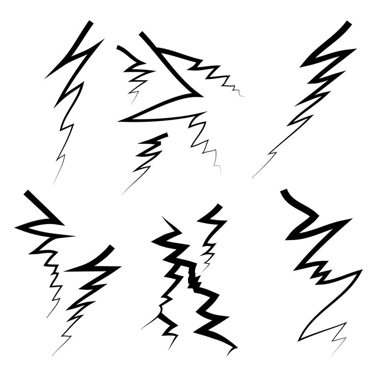 Vector hand drawn cracked glass wall ground lightning storm effect doodle break set vector illustration