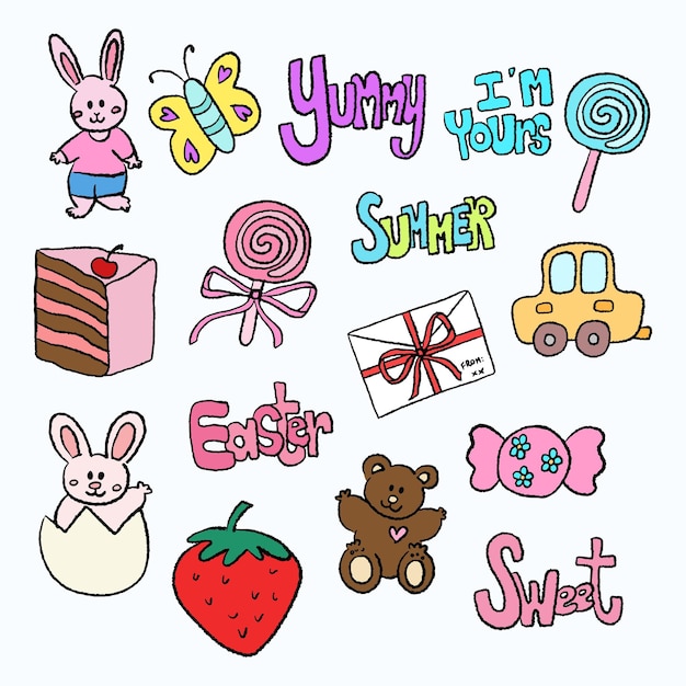 Hand drawn crayon elements including bunny rabbit butterfly lollipop candy car envelope easter