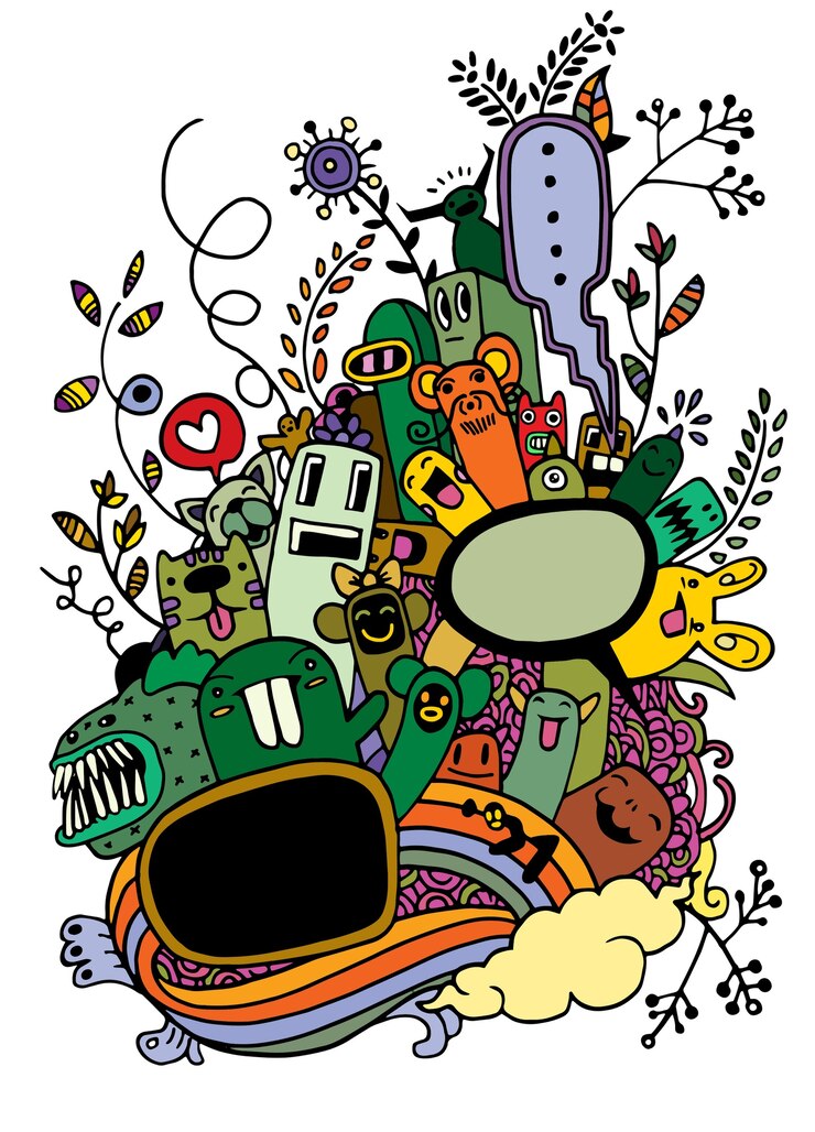 Hand drawn Crazy doodle Monster and flower