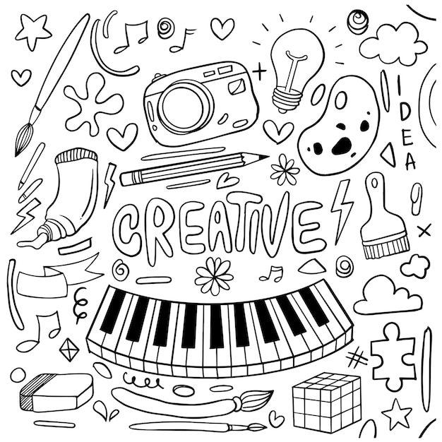 Disegnato a mano di creatività in stile doodle isolato su sfondo bianco tema di creatività del set disegnato a mano vettoriale illustrazione vettoriale