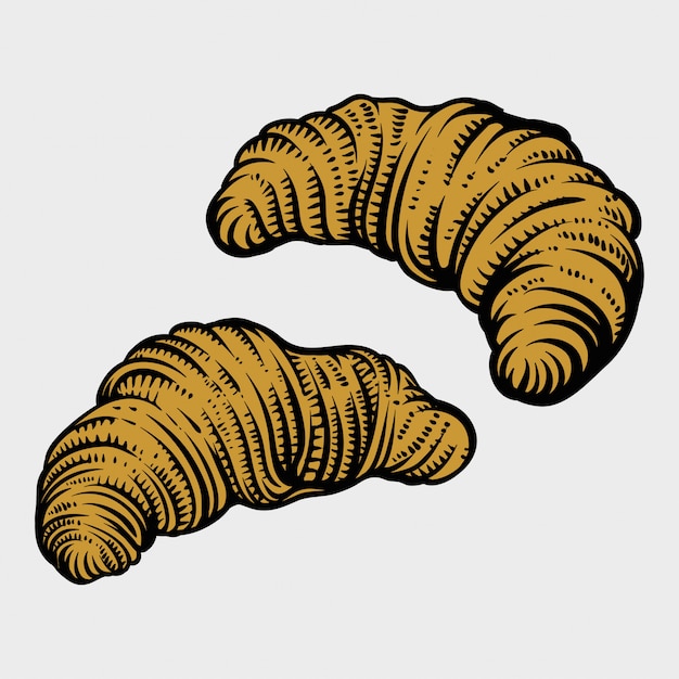 Hand drawn croissant in engraving style. Bread bakery fresh food collection.