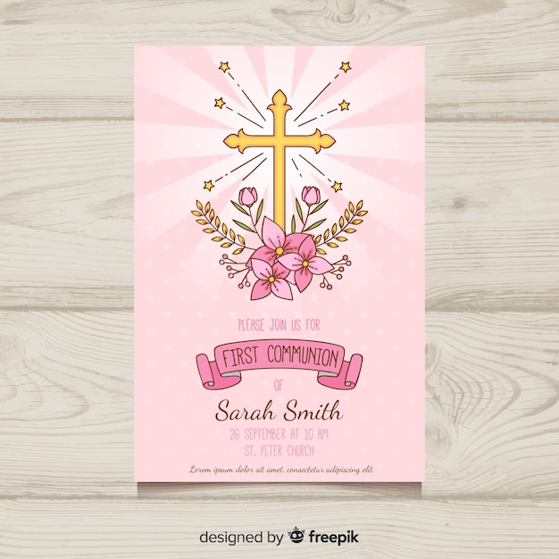 Hand drawn cross with flowers first communion invitation