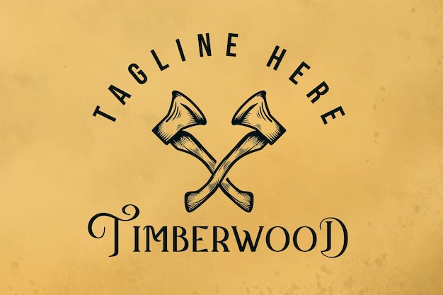 Vector hand drawn crossed ax, lumberjack woodworker logo