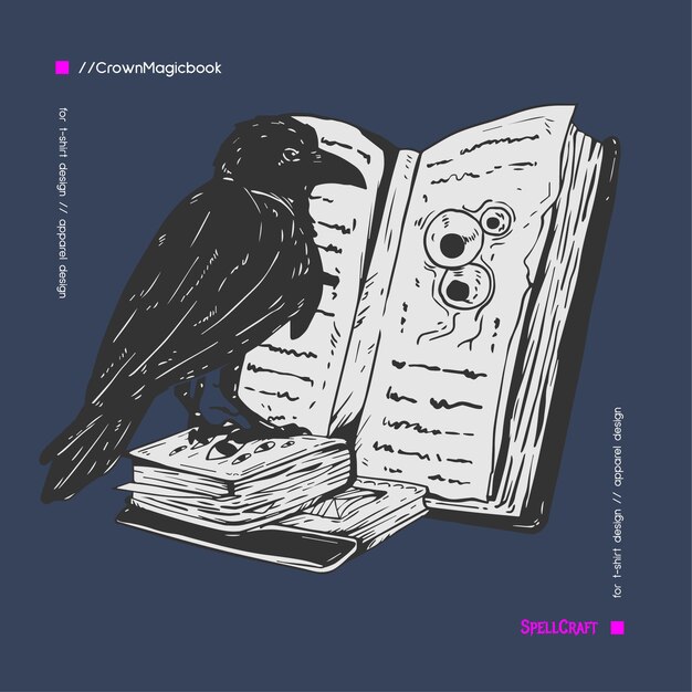 Vector hand drawn crow and magic book illustration for tshirt