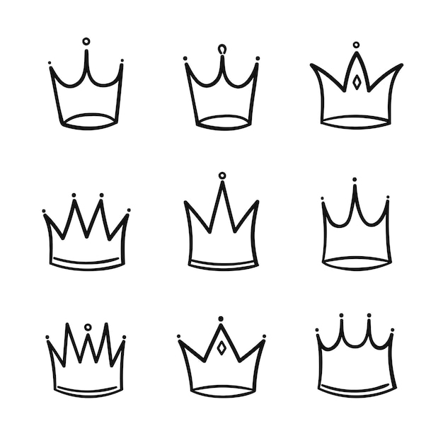 Set di logo di corone disegnate a mano per icona della regina, simbolo del diadema della principessa, illustrazione di doodle, elemento pop art, concetto di bellezza e shopping di moda.