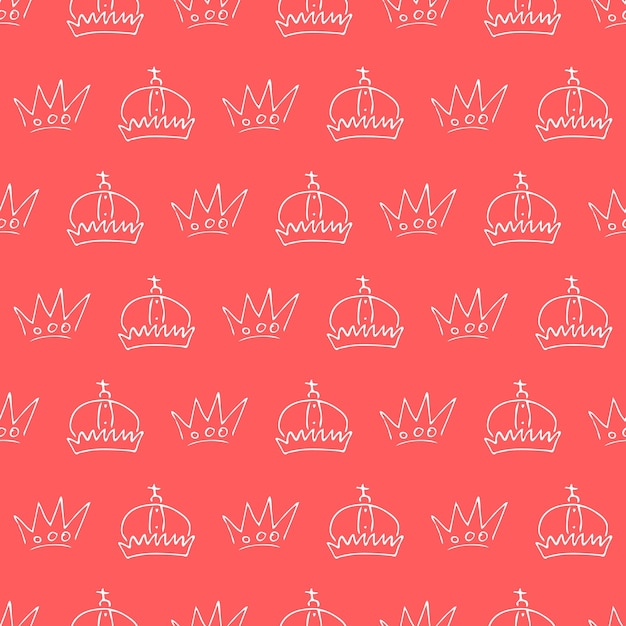 手描きの王冠シンプルな落書きスケッチのシームレスなパターン女王または王の王冠王室の戴冠式と君主のシンボル赤い背景に分離された白いブラシ落書きベクトル図