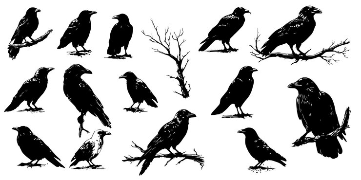 Vector hand drawn crows silhouette set halloween theme