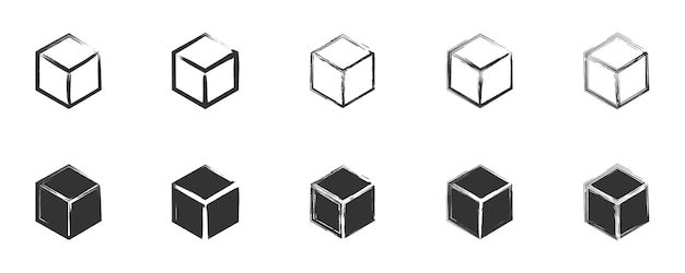 Hand drawn cube iset Cube icon in grunge style Vector illustration