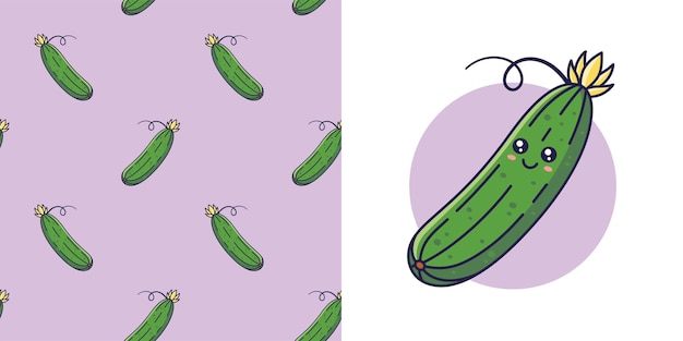 Hand drawn Cucumber for baby clothes Vector illustration in doodle style Postcard with cucumber and seamless pattern