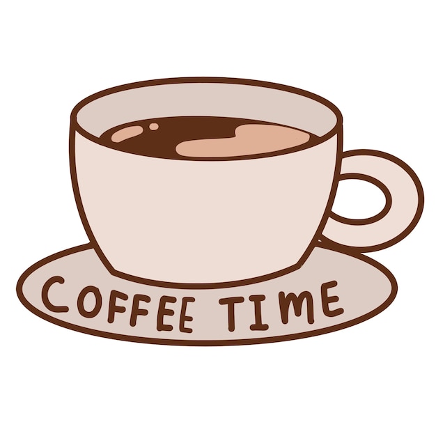 Hand drawn cup of coffee. Flat style.Isolated clipart. Lettering coffee time