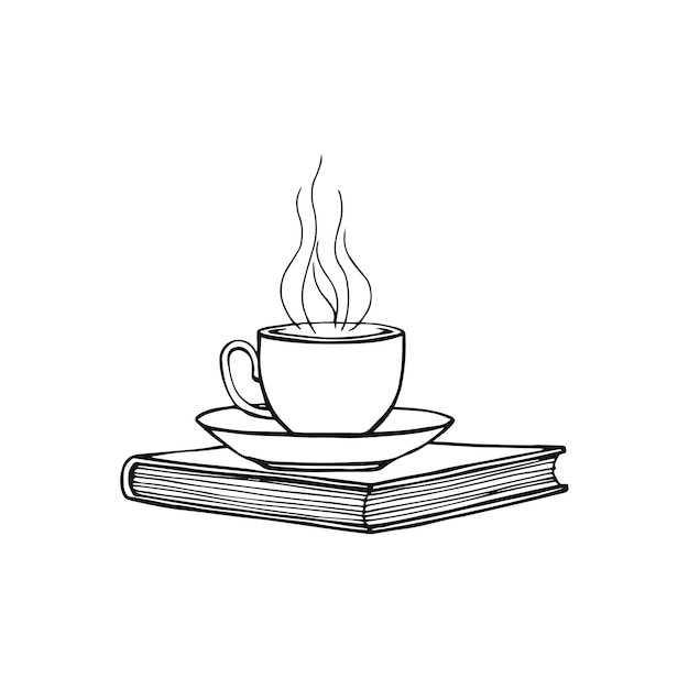 Нарисованная рукой кружка чашки горячего напитка кофе, чая и т.д. Чашка и книга, изолированные на белом фоне. Чашка, чашка кофе. Утренний свежий напиток. Векторная иллюстрация.