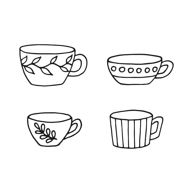 Ручно нарисованная чашечная кружка Набор чашек в стиле рисунка Векторная иллюстрация изолирована на белом фоне